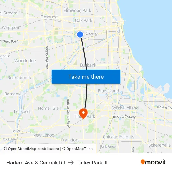 Harlem Ave & Cermak Rd to Tinley Park, IL map