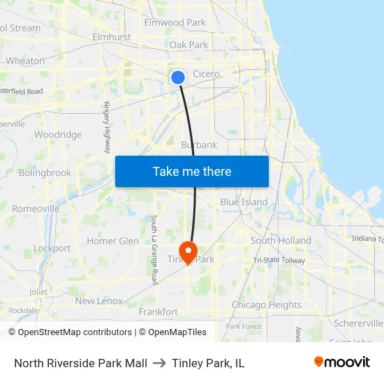 North Riverside Park Mall to Tinley Park, IL map