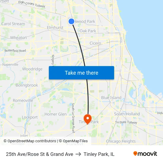 25th Ave/Rose St & Grand Ave to Tinley Park, IL map
