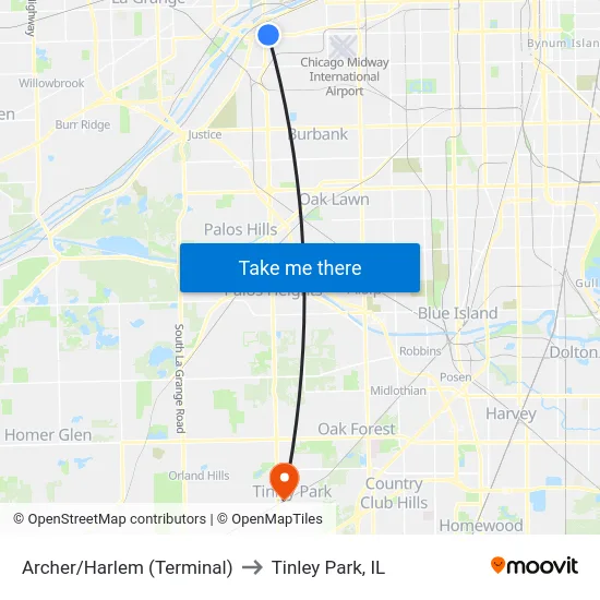 Archer/Harlem (Terminal) to Tinley Park, IL map