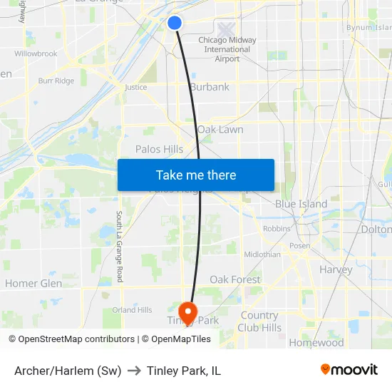 Archer/Harlem (Sw) to Tinley Park, IL map