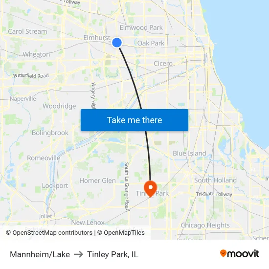 Mannheim/Lake to Tinley Park, IL map