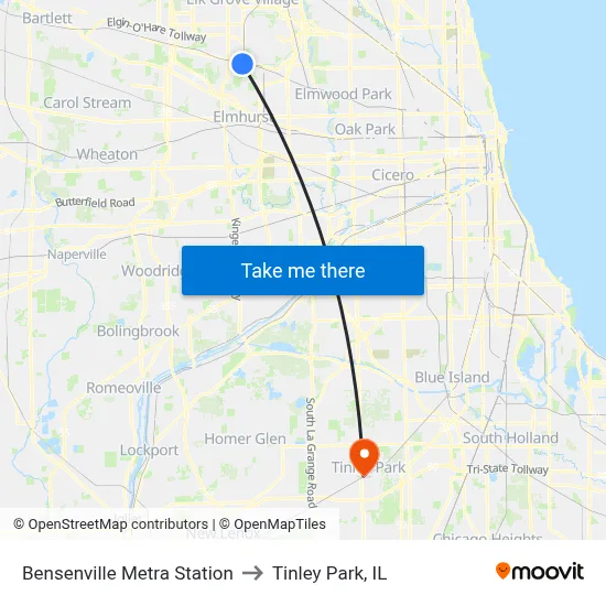 Bensenville Metra Station to Tinley Park, IL map