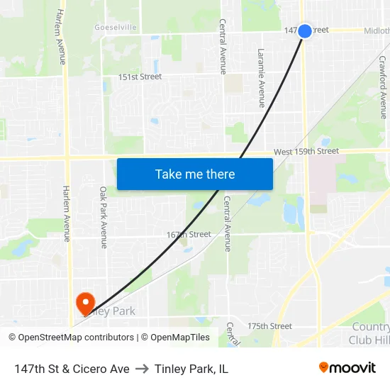 147th St & Cicero Ave to Tinley Park, IL map