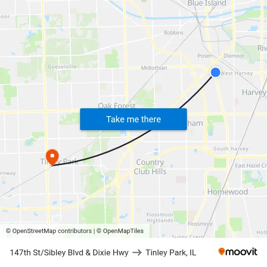 147th St/Sibley Blvd & Dixie Hwy to Tinley Park, IL map