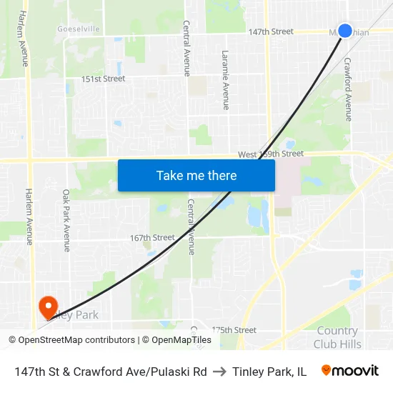147th St & Crawford Ave/Pulaski Rd to Tinley Park, IL map