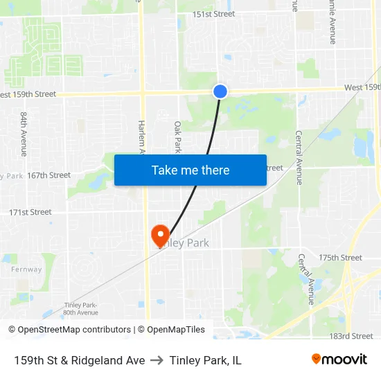 159th St & Ridgeland Ave to Tinley Park, IL map