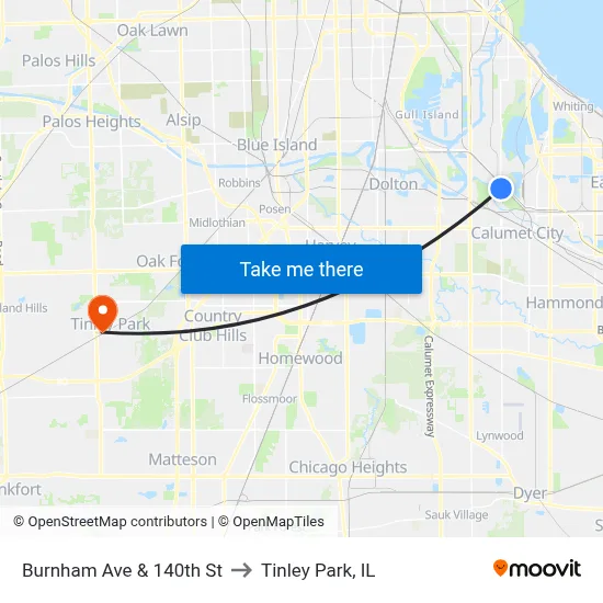 Burnham Ave & 140th St to Tinley Park, IL map