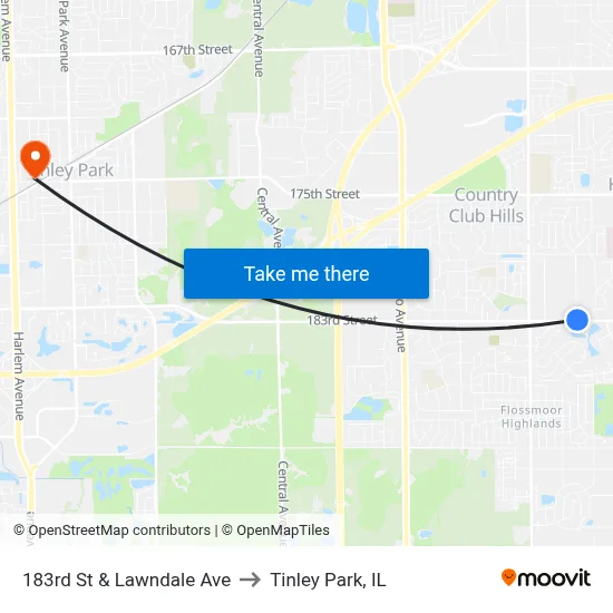 183rd St & Lawndale Ave to Tinley Park, IL map