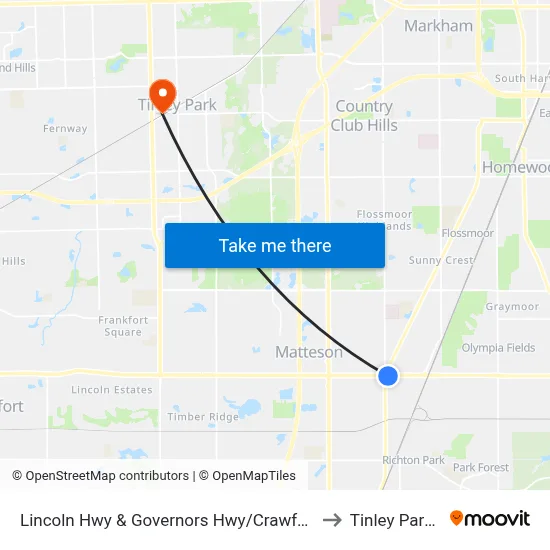 Lincoln Hwy & Governors Hwy/Crawford Ave to Tinley Park, IL map