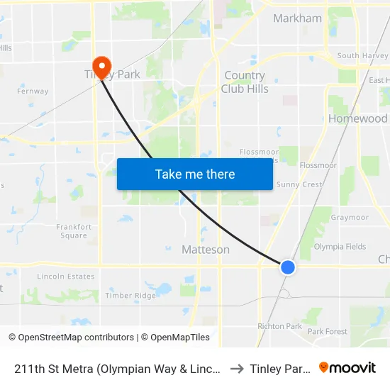 211th St Metra (Olympian Way & Lincoln Hwy) to Tinley Park, IL map