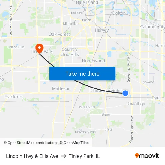 Lincoln Hwy & Ellis Ave to Tinley Park, IL map