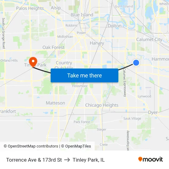 Torrence Ave & 173rd St to Tinley Park, IL map