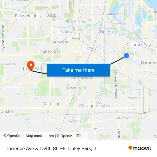 Torrence Ave & 159th St to Tinley Park, IL map
