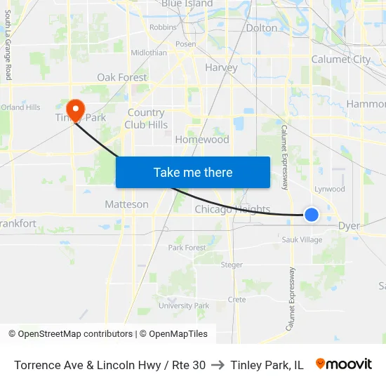 Torrence Ave & Lincoln Hwy / Rte 30 to Tinley Park, IL map