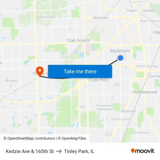 Kedzie Ave & 165th St to Tinley Park, IL map