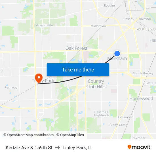 Kedzie Ave & 159th St to Tinley Park, IL map