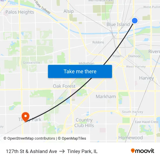 127th St & Ashland Ave to Tinley Park, IL map