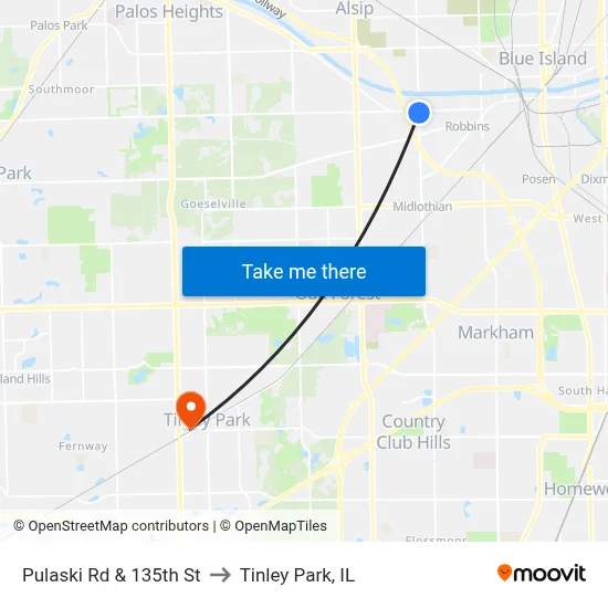 Pulaski Rd & 135th St to Tinley Park, IL map
