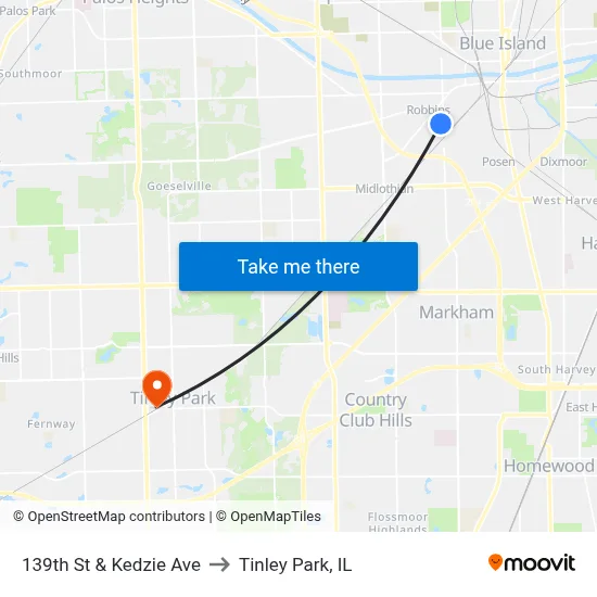 139th St & Kedzie Ave to Tinley Park, IL map