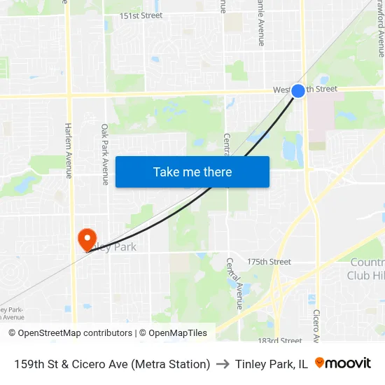159th St & Cicero Ave (Metra Station) to Tinley Park, IL map