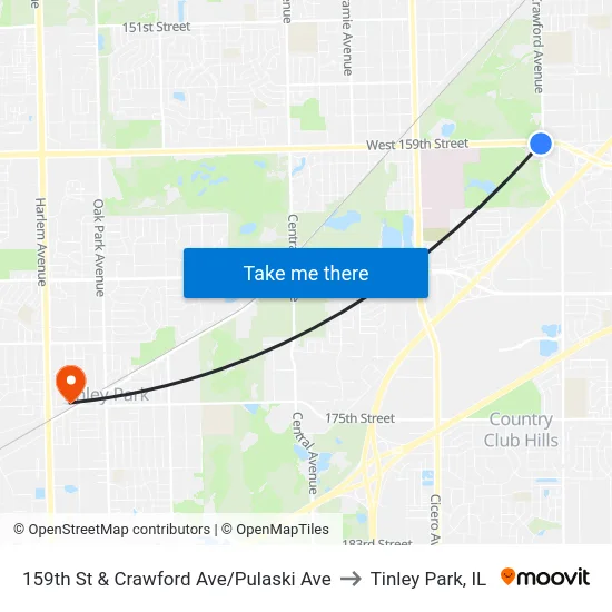 159th St & Crawford Ave/Pulaski Ave to Tinley Park, IL map