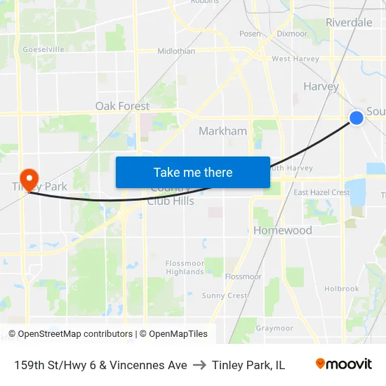 159th St/Hwy 6 & Vincennes Ave to Tinley Park, IL map