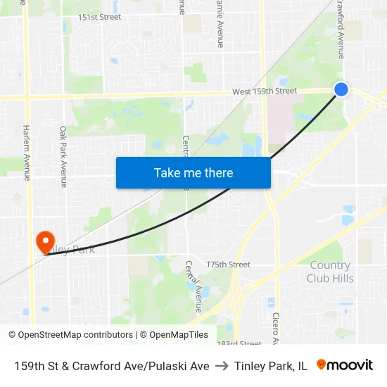 159th St & Crawford Ave/Pulaski Ave to Tinley Park, IL map
