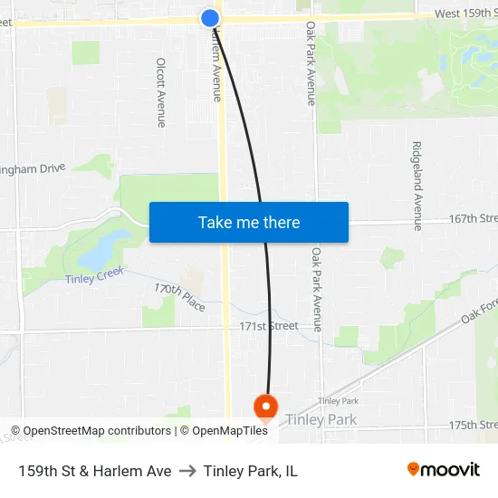 159th St & Harlem Ave to Tinley Park, IL map