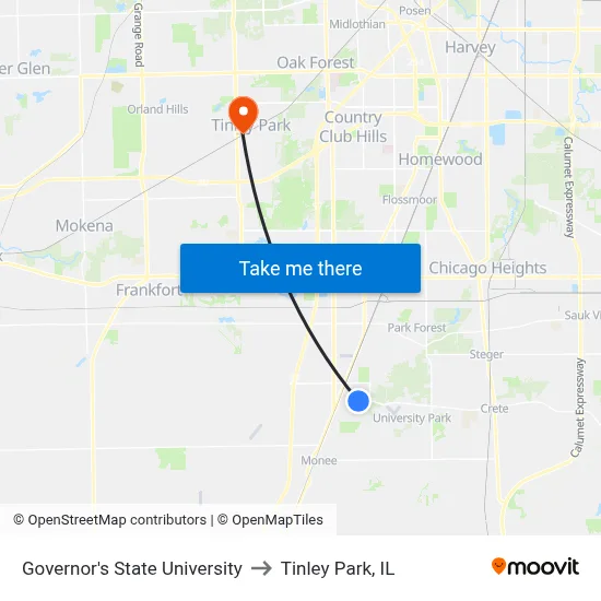 Governor's State University to Tinley Park, IL map