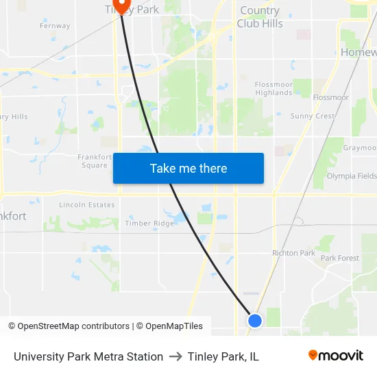 University Park Metra Station to Tinley Park, IL map