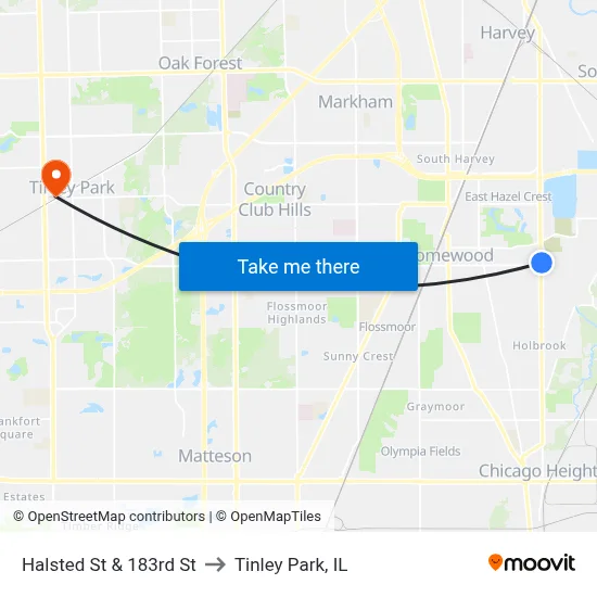 Halsted St & 183rd St to Tinley Park, IL map
