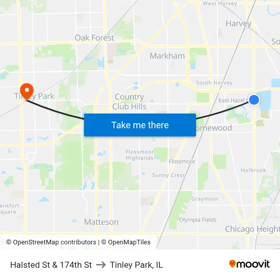 Halsted St & 174th St to Tinley Park, IL map