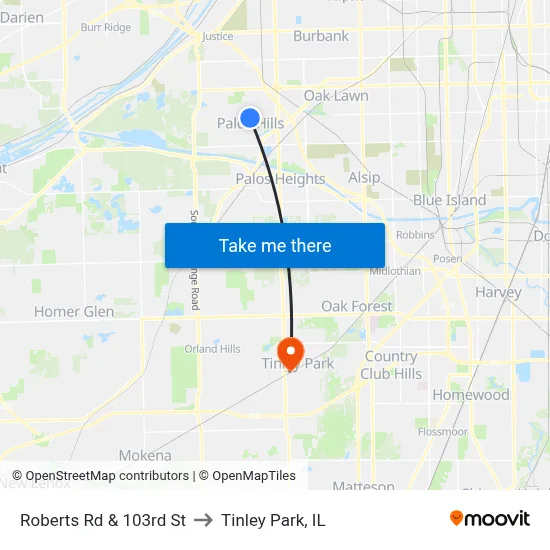 Roberts Rd & 103rd St to Tinley Park, IL map