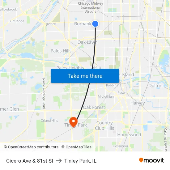 Cicero Ave & 81st St to Tinley Park, IL map