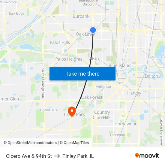 Cicero Ave & 94th St to Tinley Park, IL map