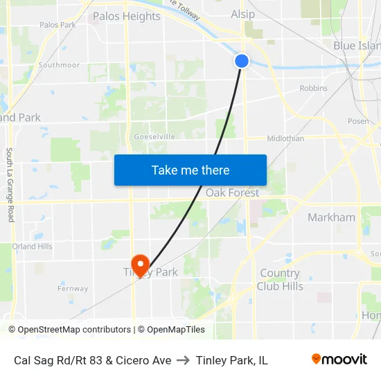 Cal Sag Rd/Rt 83 & Cicero Ave to Tinley Park, IL map