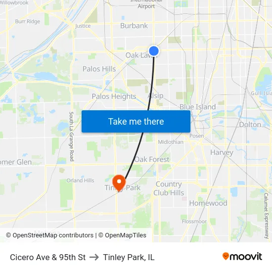 Cicero Ave & 95th St to Tinley Park, IL map
