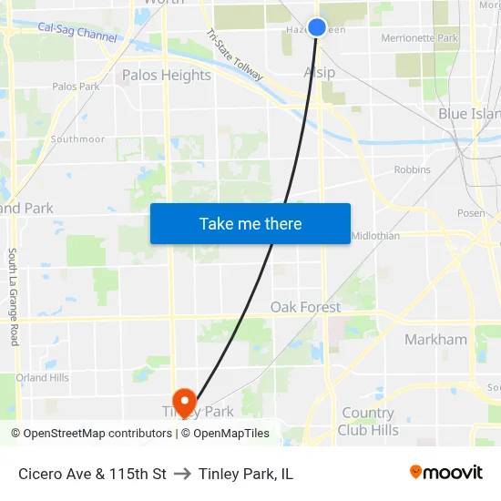 Cicero Ave & 115th St to Tinley Park, IL map