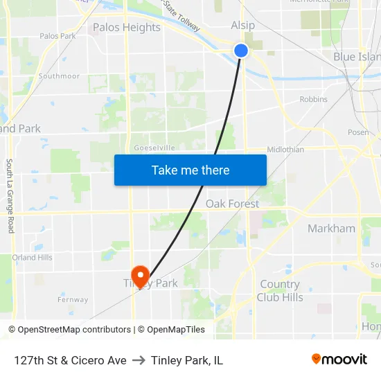 127th St & Cicero Ave to Tinley Park, IL map