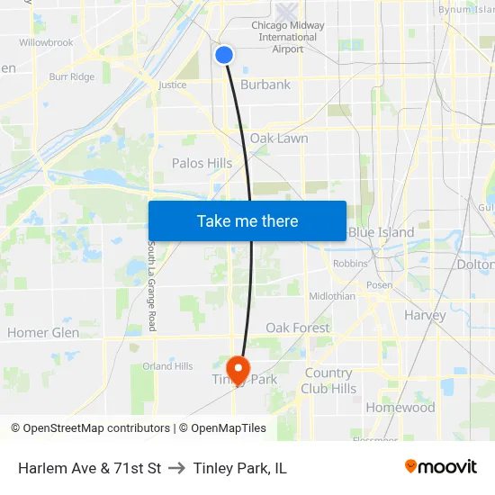 Harlem Ave & 71st St to Tinley Park, IL map