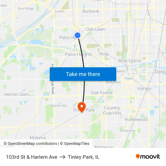103rd St & Harlem Ave to Tinley Park, IL map