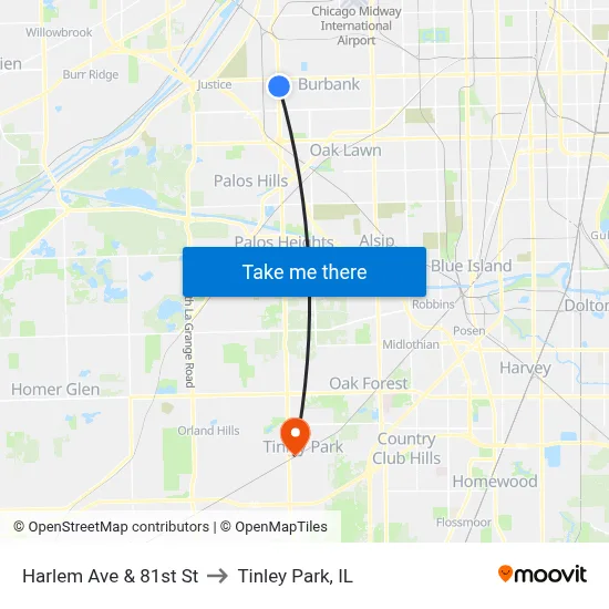 Harlem Ave & 81st St to Tinley Park, IL map