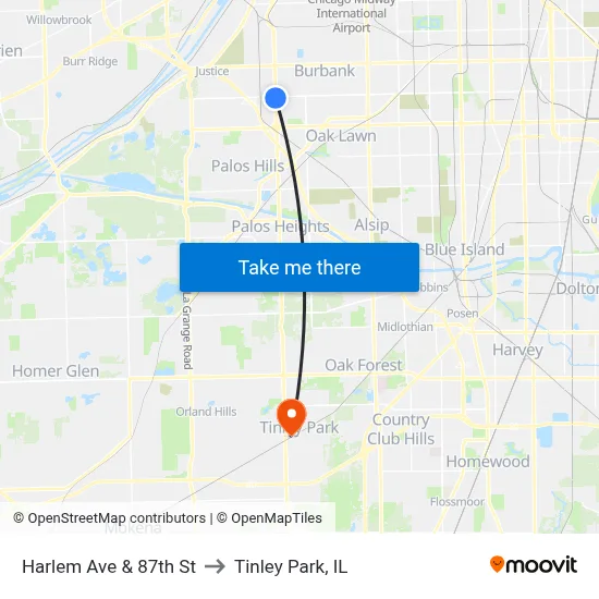 Harlem Ave & 87th St to Tinley Park, IL map