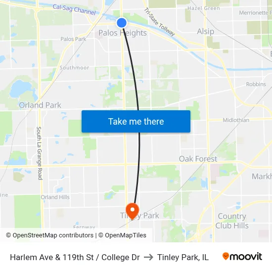 Harlem Ave & 119th St / College Dr to Tinley Park, IL map