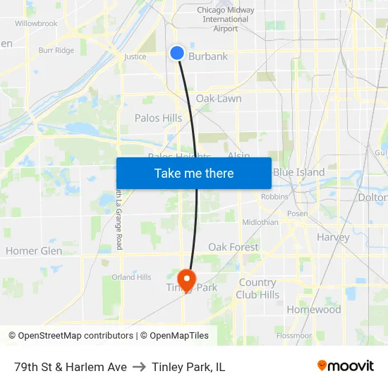 79th St & Harlem Ave to Tinley Park, IL map