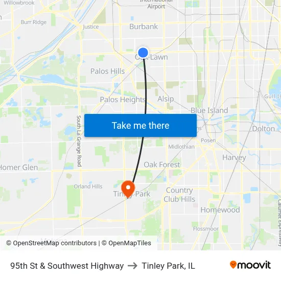 95th St & Southwest Highway to Tinley Park, IL map