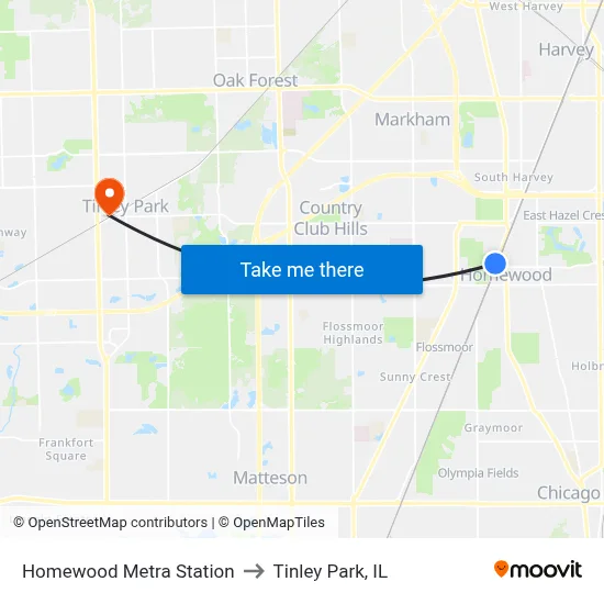 Homewood Metra Station to Tinley Park, IL map