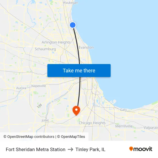 Fort Sheridan Metra Station to Tinley Park, IL map