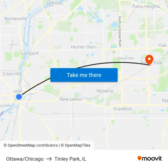 Ottawa/Chicago to Tinley Park, IL map